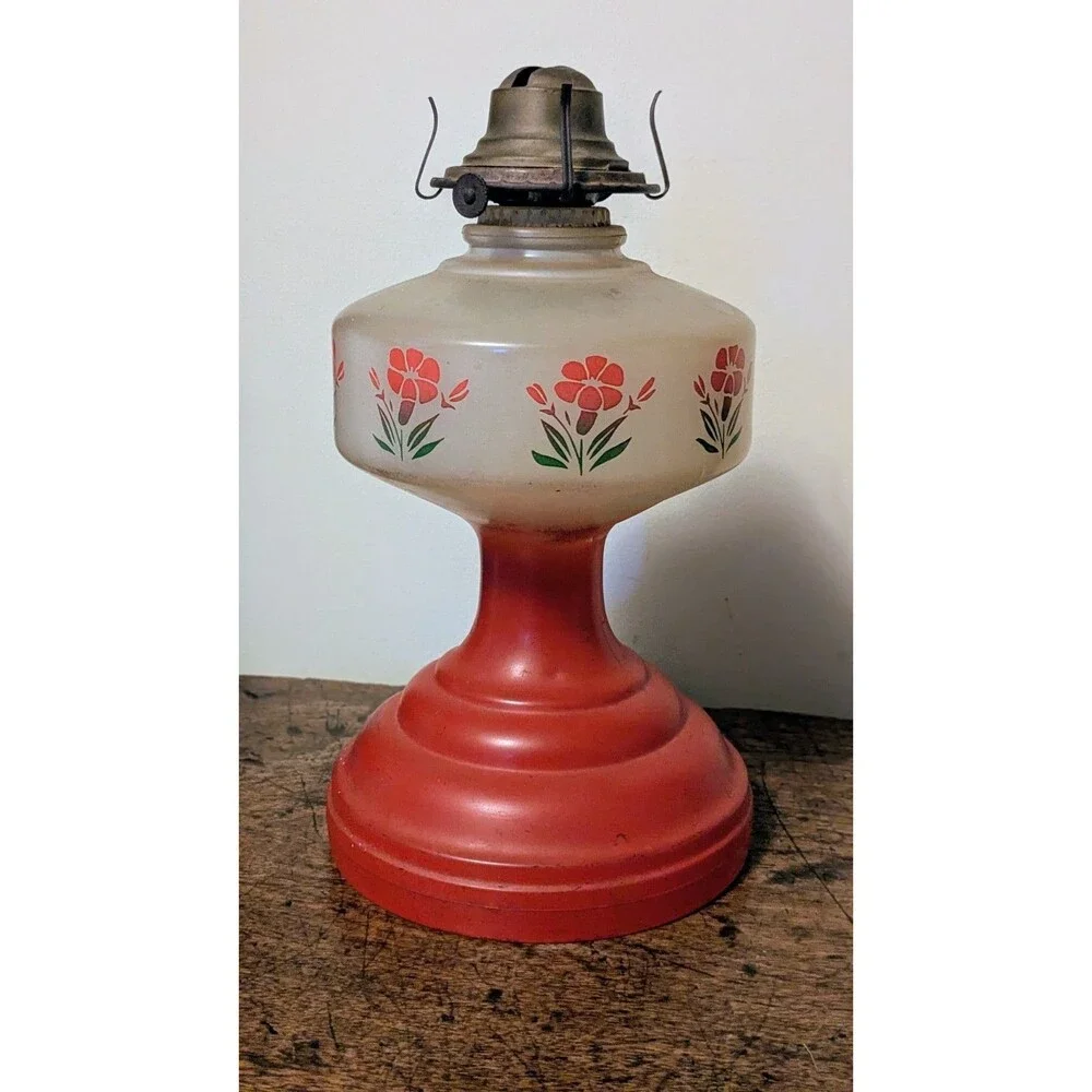 Vintage Red Frosted Glass Kerosene Oil Lamp Cold Painted Floral with Chimney 18